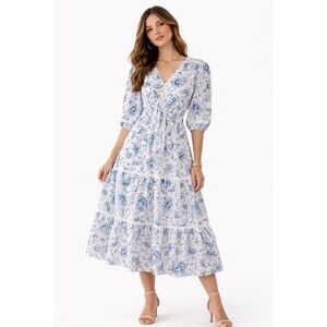 Lucky Brand Womens Paisley Midi Dress S Blue Boho Tiered Puff Sleeve  Romantic